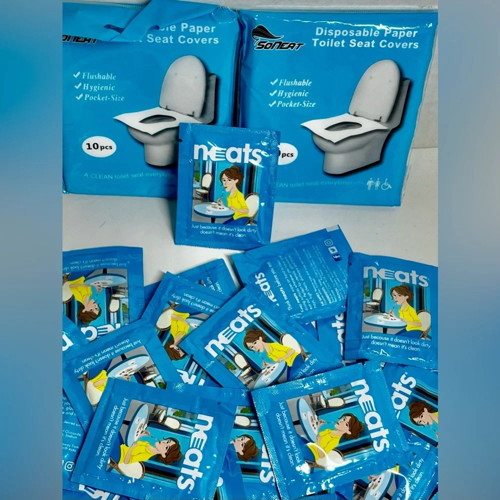 (NEW) BUNDLE - SONEAT DISPOSABLE TRAVEL TOILET SEAT COVERS & NEATS TRAVEL WIPES